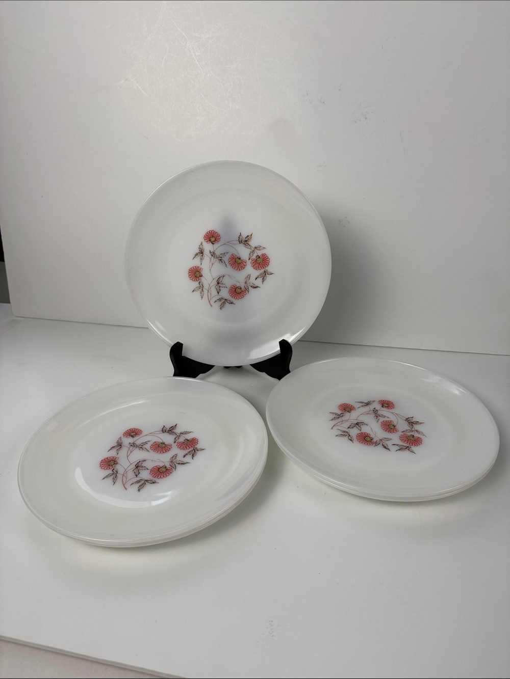 vintage Fire-King Fleurette milk glass plates.